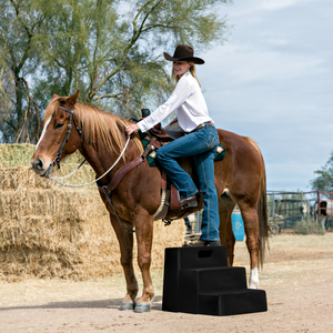 woman mounting horse standing on black Mounting 3 Step